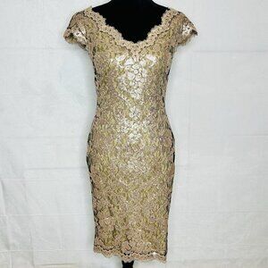 Tadashi Shoji Champagne Lace Cap-Sleeve Sequin Evening Cocktail Wedding Dress